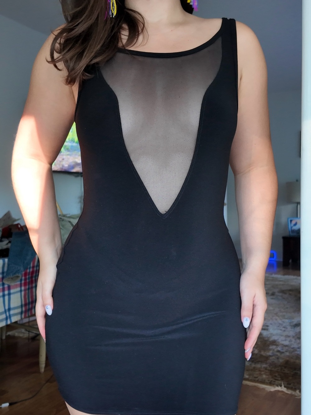 Sleek Black Mesh-Inset Mini Dress